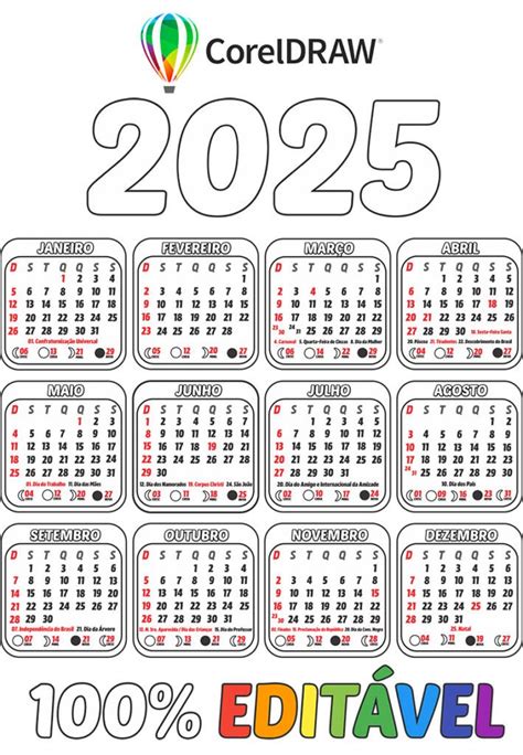 Grade Calendário 2025 CDR para Imprimir e Colorir 100 Editável