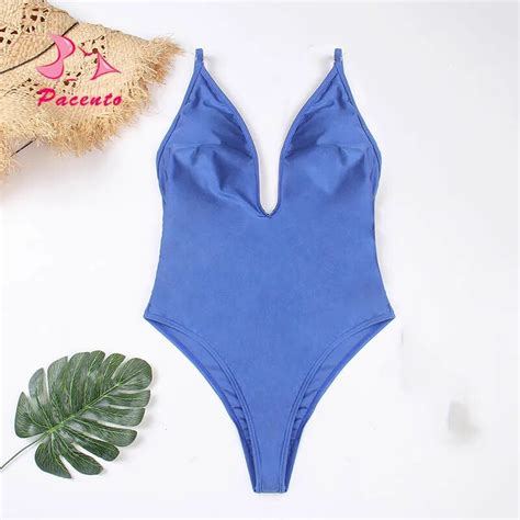 Pacento Sexy Shiny Swimsuit One Piece Blue Swimwear Women V Neck