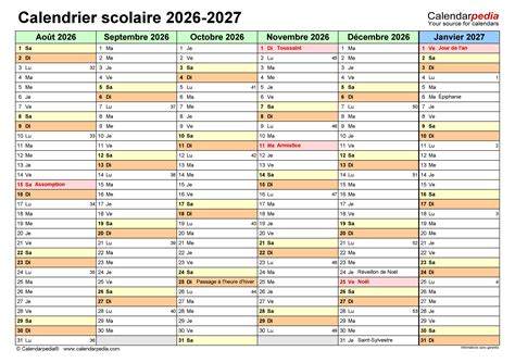 Calendrier Scolaire 2026 2027 Excel Word Et PDF Calendarpedia