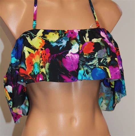 NWT Bar III Swimsuit Bikini Top Bra Size L Painted Posies Off Shoulder