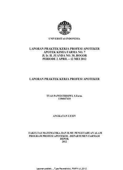 LAPORAN PRAKTEK KERJA PROFESI APOTEKER APOTEK KIMIA FARMA NO 7 Jl Ir