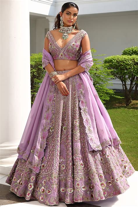 Lavender Silk And Satin Organza Embroidered Bridal Lehenga Set By Miku