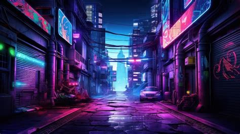 Cyberpunk city graffiti na parede conceito de brilho de néon papel de