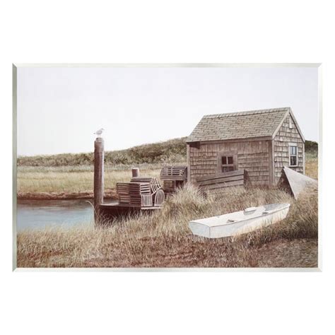 Stupell Industries Rural Seaside Cabin Seagull Perched Canoe Boat By