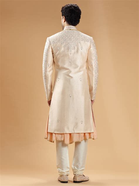 Peach Raw Silk Lavish Groom Sherwani G Msh G Nxt