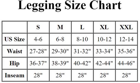 large leggings size chart printable