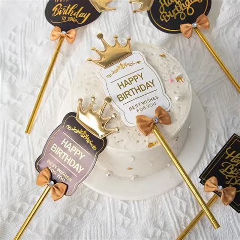 Ins Gold Crown Bowknot Happy Birthday Paper Card Cake Topper Baking