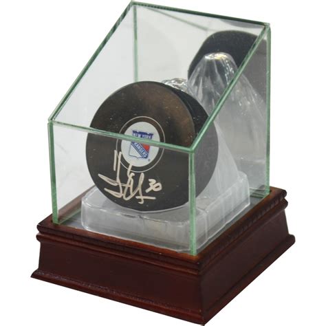 Premium Hockey Puck Glass Display Case With Mirrored Cherry Wood Base And Ice Stand New