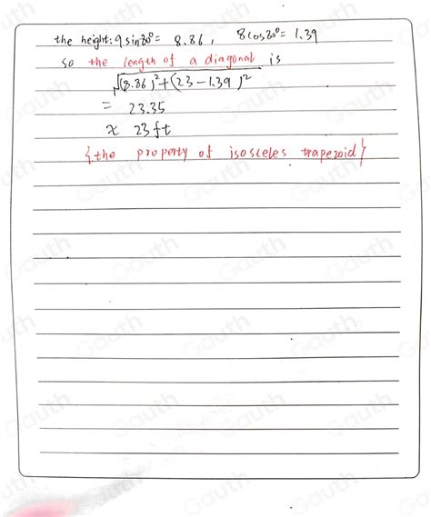 Solved: The longer base of an isosceles trapezoid measures 23 ft. The nonparallel sides measure ...