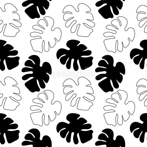 Monstera Plant Leaf Seamless Vector Pattern In Black And White Colors