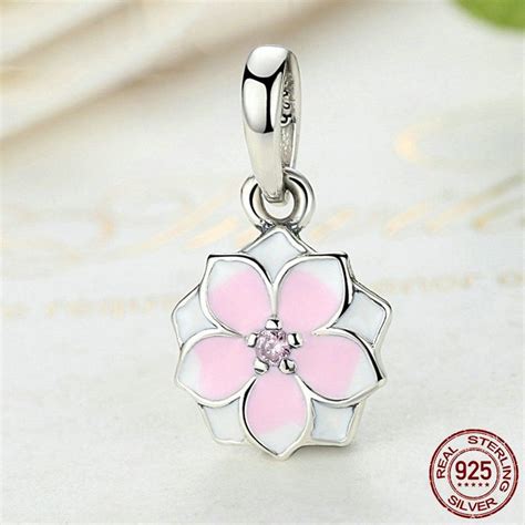 Fiore Di Magnolia Rosa Con CZ Rosa Ciondolo 100 Argento Sterling 925