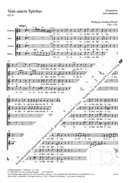 Veni Sancte Spiritus Come Now Holy Spirit By Wolfgang Amadeus Mozart 4 Part Sheet Music