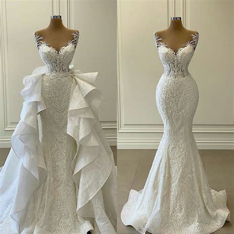 White Mermaid Wedding Dresses With Detachable Train Ruffles Lace