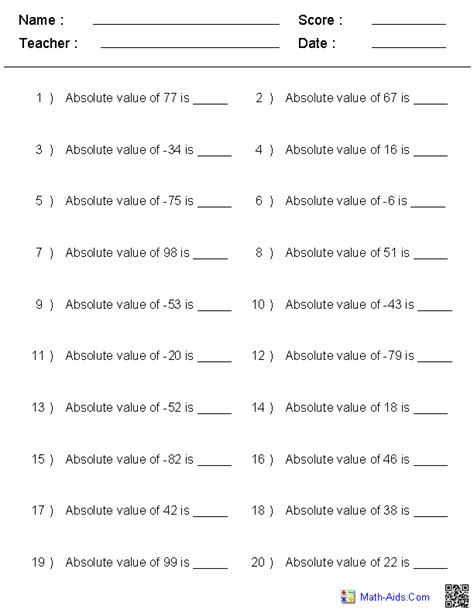 Absolute Value Free Worksheets