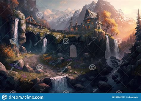 Fantasy Dwarven Village In The Mountains Next To A Ravine With A