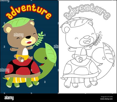 Cartoon Of Little Bear Riding On Turtle Coloring Book Or Page Stock