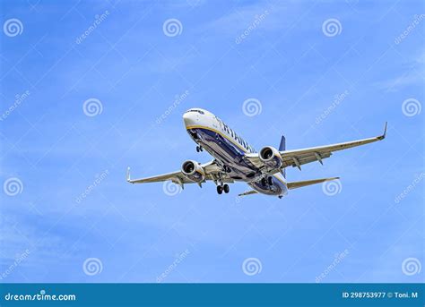 Ryanair Boeing 737 Airplane Landing At El Prat Airport Barcelona