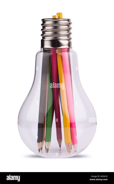 Front View Of A Large Light Bulb Holding Many Colored Pencils Inside