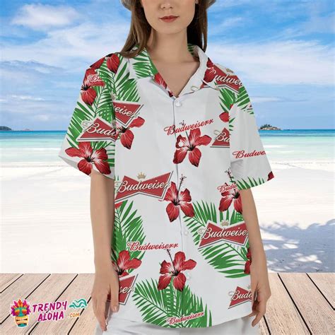 Budweiser Hawaiian Hibiscus Flower Pattern Tropical Beach Shirt