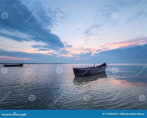 Beautiful Morning Landscape With Boats On The Lake At The Sunrise Stock