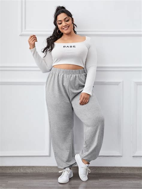 Plus Solid Elastic Waist Sweatpants Cute Sweatpants Outfit