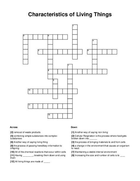 Characteristics Of Living Things Crossword Puzzle