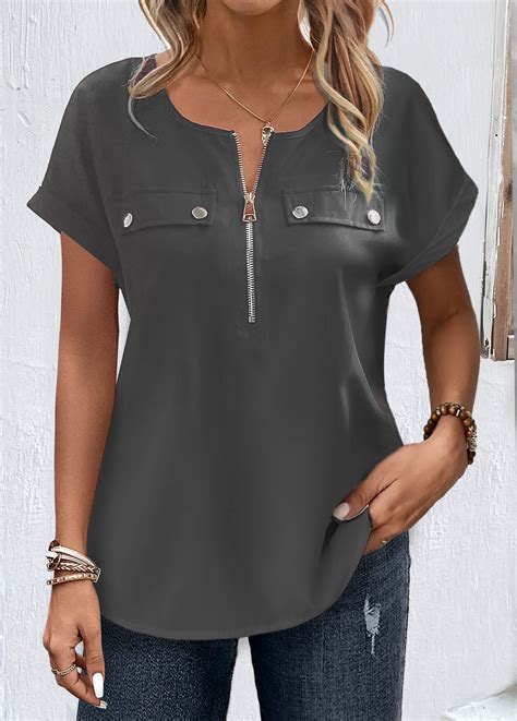 Rotita Zipper Grey Round Neck Short Sleeve Blouse Rotita Usd