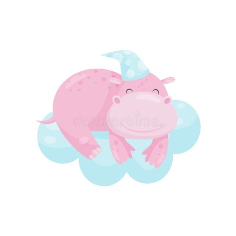 Cute Little Hippo Sleeping On A Cloud Lovely Animal Cartoon Character