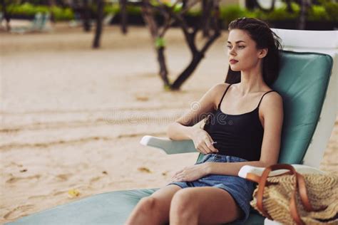 Smiling Woman Resort Hair Beach Ocean Long Sand Sunbed Lying Sea