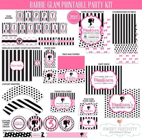 Barbie Birthday Party Printable Kit With Pink Black And White Polka