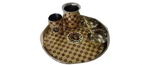 Golden Stainless Steel Meenakari Pooja Thali Set For Worship At Rs