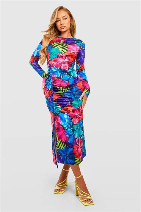 Floral Rouched Slinky Midaxi Dress Boohoo Uk