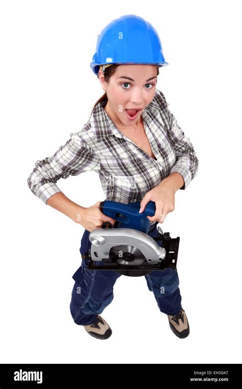 A Female Carpenter With A Circular Saw Stock Photo Alamy