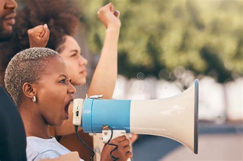 Protest Megaphone And Angry Black Woman Shout For Human Rights