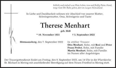 Traueranzeigen Von Therese Menhart Trauer Merkur De