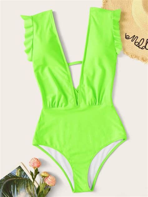 Neon Lime Deep V Ruffle Ruched One Piece Swimwear