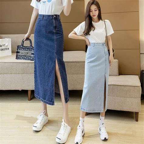 Jual LOVELY 6323 Korean Denim Skrit Slit Denim Skirt Maxi Skirt Rok