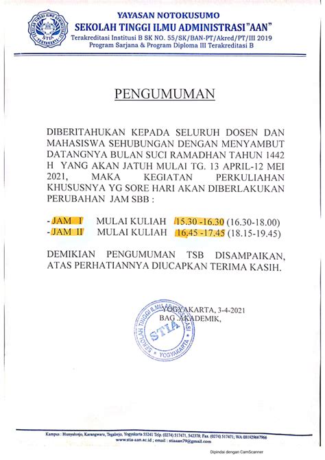 PENGUMUMAN PERUBAHAN JADWAL PERKULIAHAN SORE BULAN RAMADHAN 13 APRIL