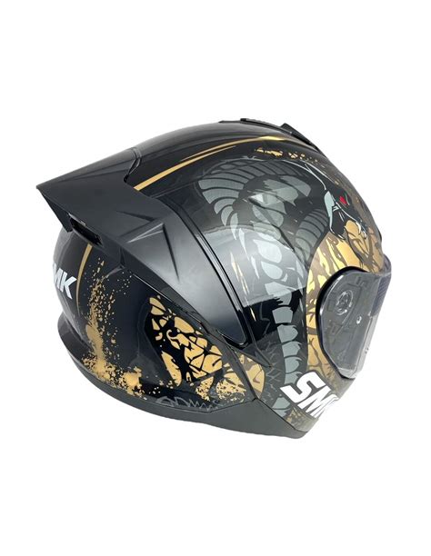 Casco Integral Marca SMK Typhoon Reptile Decorado NEGRO Dorado Brillo