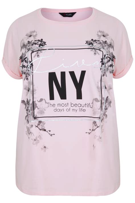 Pink Short Sleeve Floral Print Slogan T Shirt Plus Size 16 To 36