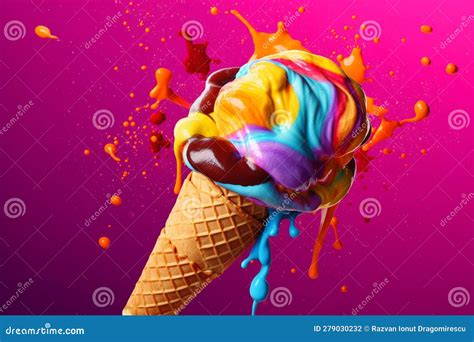 Illustration Showcasing An Ice Cream Cone With Vibrant Colors Melting Into A Creative Splash