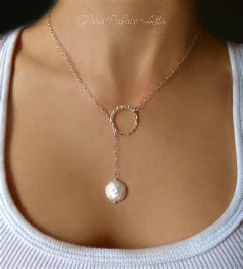 Modern Pearl Lariat Necklace With Freshwater Pearl Drop Glass Palace Arts