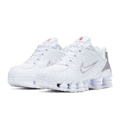 nike women shox tl white white metallic silver max orange