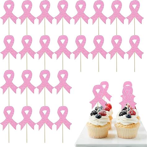 Amazon 24 Pcs Breast Cancer Awareness Cupcake Toppers Glitter