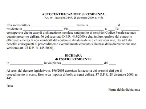 AUTOCERTIFICAZIONE DI RESIDENZA MODULO WORD E PDF