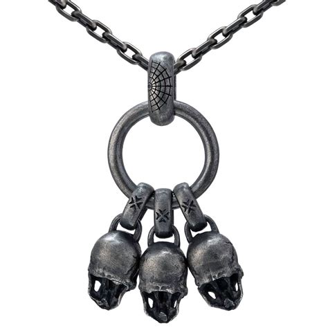 Sterling Silver Gothic Triple Skull Pendant Necklace Biker Jeweler