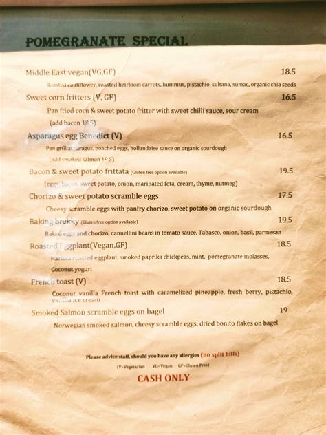 Menu at Pomegranate cafe, Katoomba