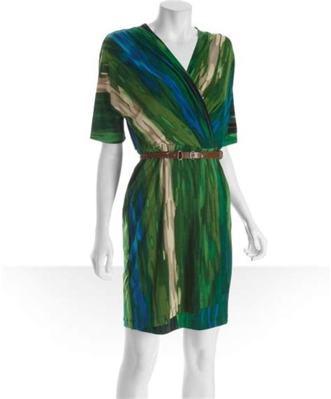 Calvin Klein Green Brushstroke Surplice Belted Dress In Green Lyst