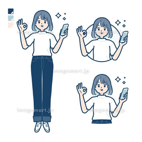 Tシャツを着た若い女性がスマートフォンを持ちokサインをしているイラスト 196362337 イメージマート