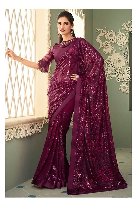 Wine Sequined Georgette Designer Saree